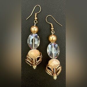 Y2K Champagne Pearl Crystal Drop Earrings McBling Costume Gold Tone 2000s